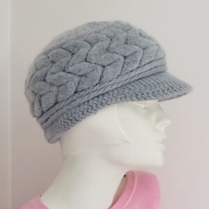 Newsboy Cap Chunky Chevron Knit & Faux Fur Lined Light Grey Cap Women's